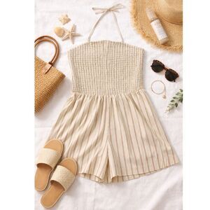 Beige Striped Smocked Halter Romper Boho Coastal Summer Retro Chic Minimalist